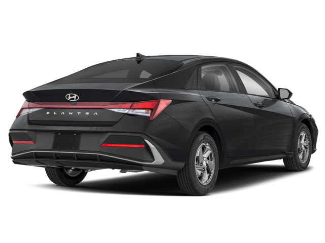A black 2025 Hyundai Elantra sedan viewed from the rear, showcasing its sleek tail lights and sporty design.